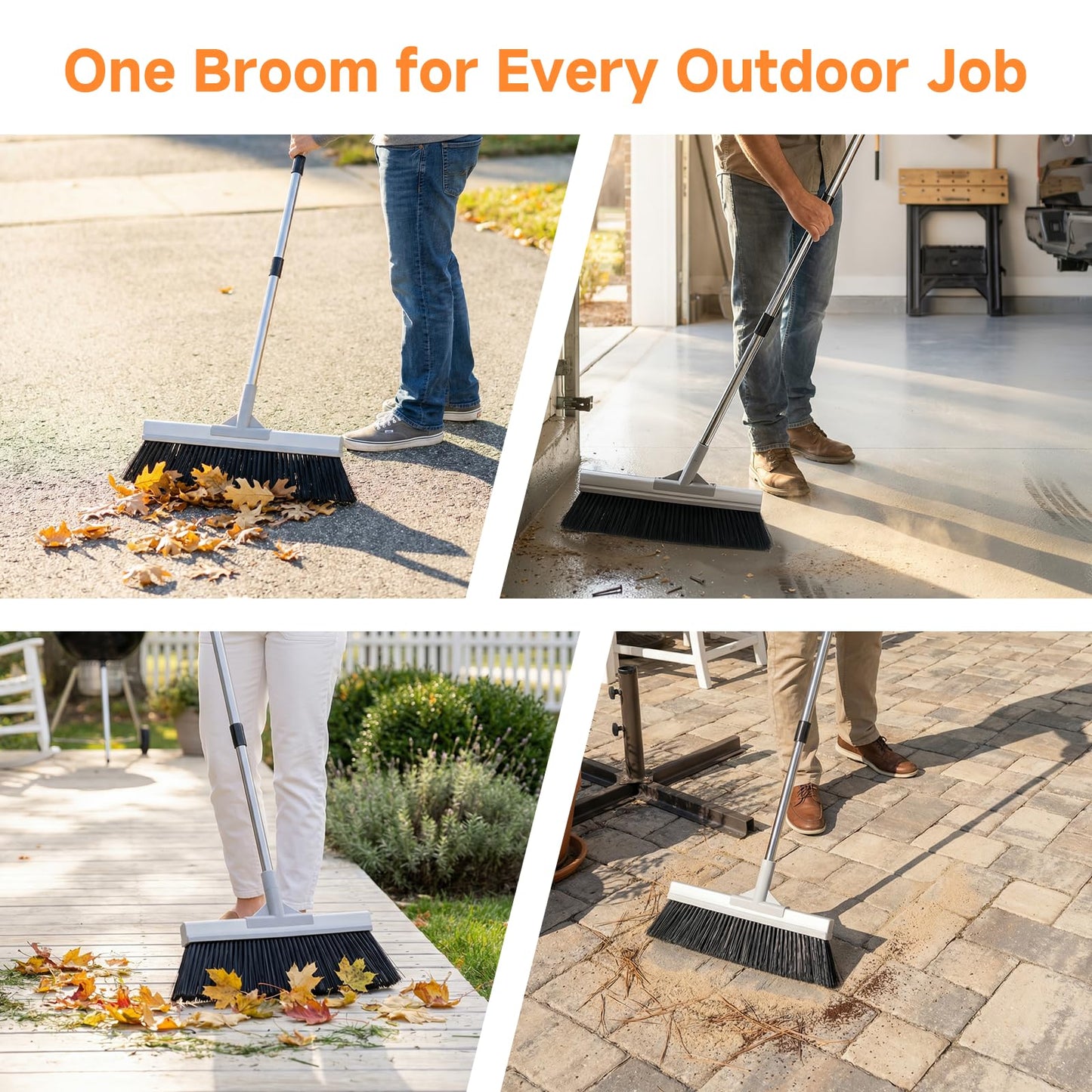 Keyloland 18" Extra Wide Heavy Duty Broom, Aluminum Reinforced Commercial Broom for Driveway and Garage, 60" Adjustable Handle, 29% More Sweeping Area for Concrete, Patios, Decks, Workshops