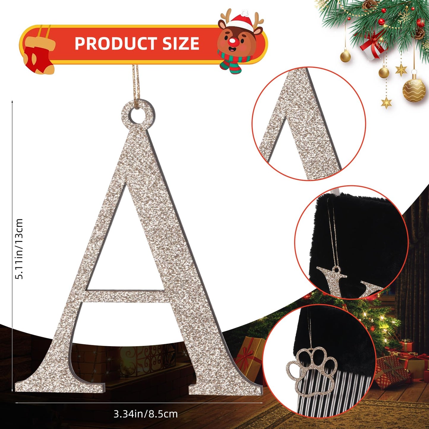 JKSVE 20 Inch Black Vertical Stripe Christmas Stocking, Personalized Gold Wooden Initial Monogram Christmas Stocking,Christmas＆Halloween Holiday Party Decor（A）