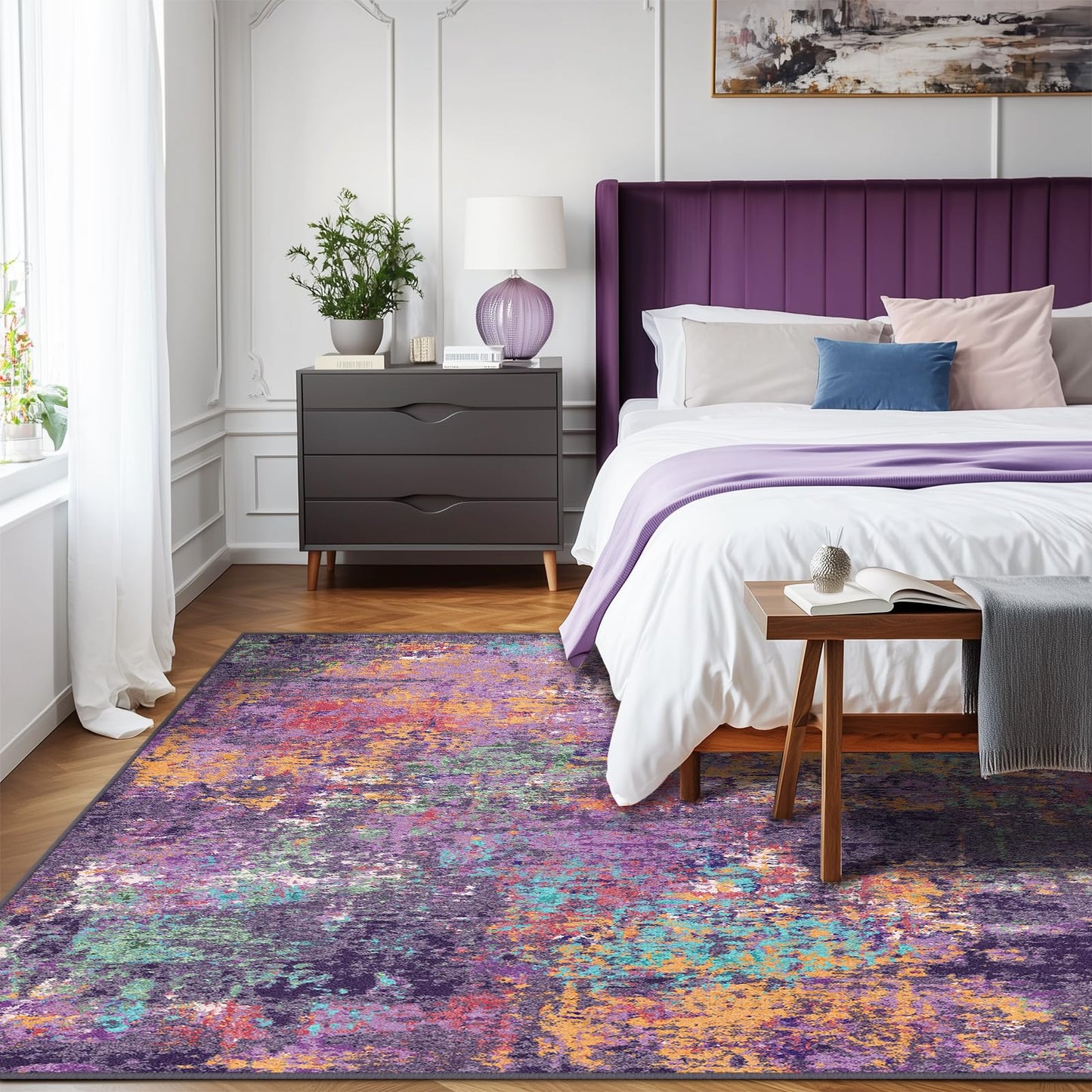 RELEANY Washable Area Rugs 5'x7' Non-Slip Modern Abstract Soft for Living Room Entryway Bedroom Nursery, Print Pattern, Purple Orange Blue Green Rust Red Colorful