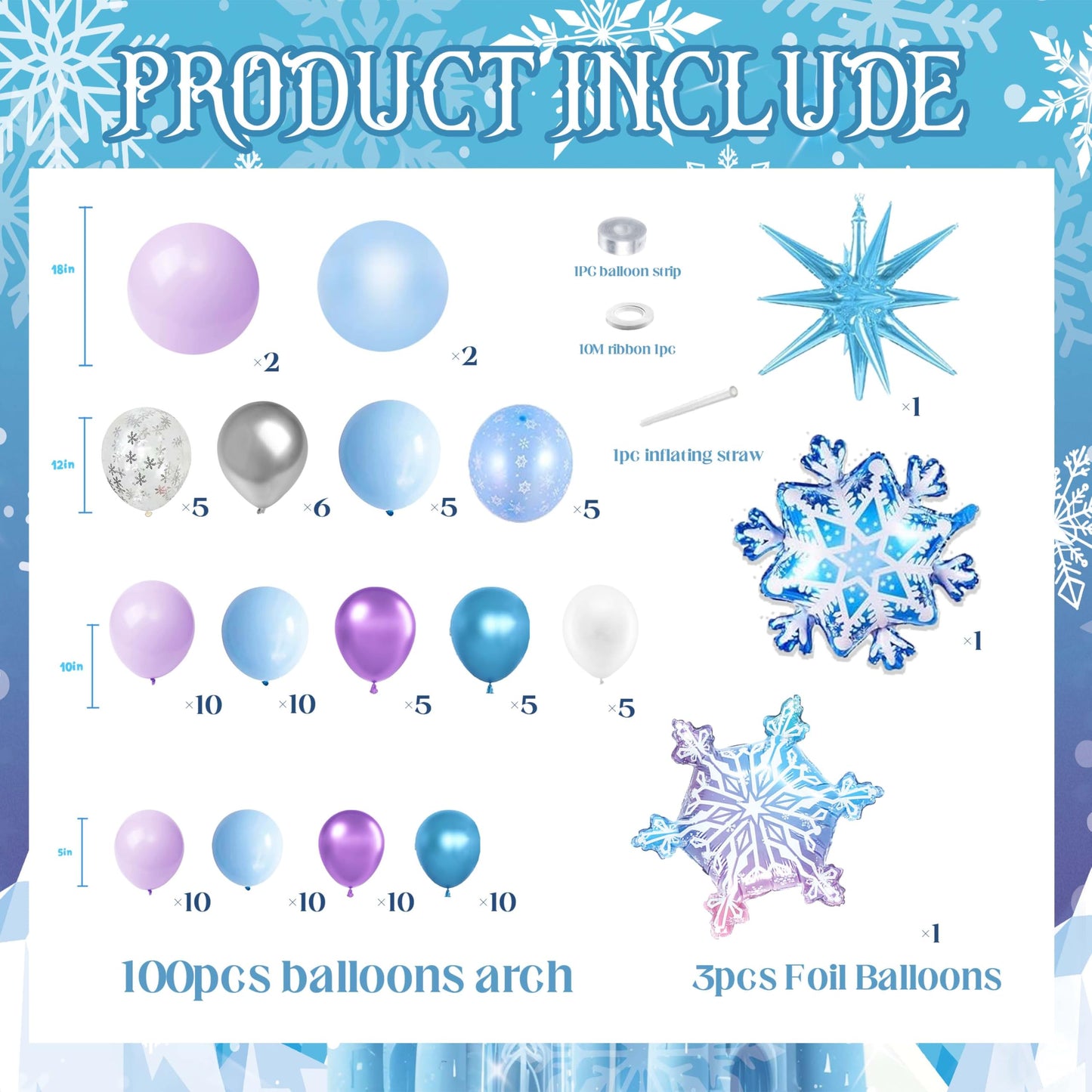 103pcs Winter Wonderland Balloon Garland Arch Kit with Giant 3D Ice Crystal Star & Gradient Snowflake Foils, 18/12/10/5 Inch Metallic Blue Purple Silver Printed Latex for Girls Ice Princess Birthday