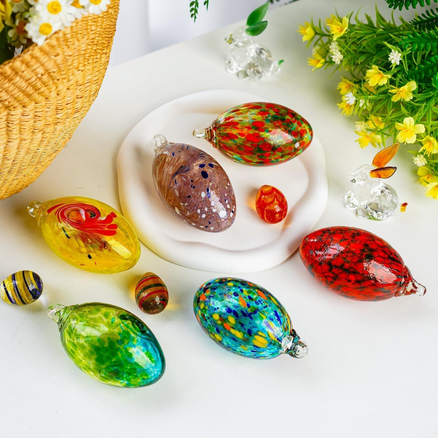 6PCS Blown Glass Balls Ornaments 3.9'' Hanging Crystal Decorative Eggs for DIY Centerpiece Party Favor Gift Spring Home Wedding Table Decor