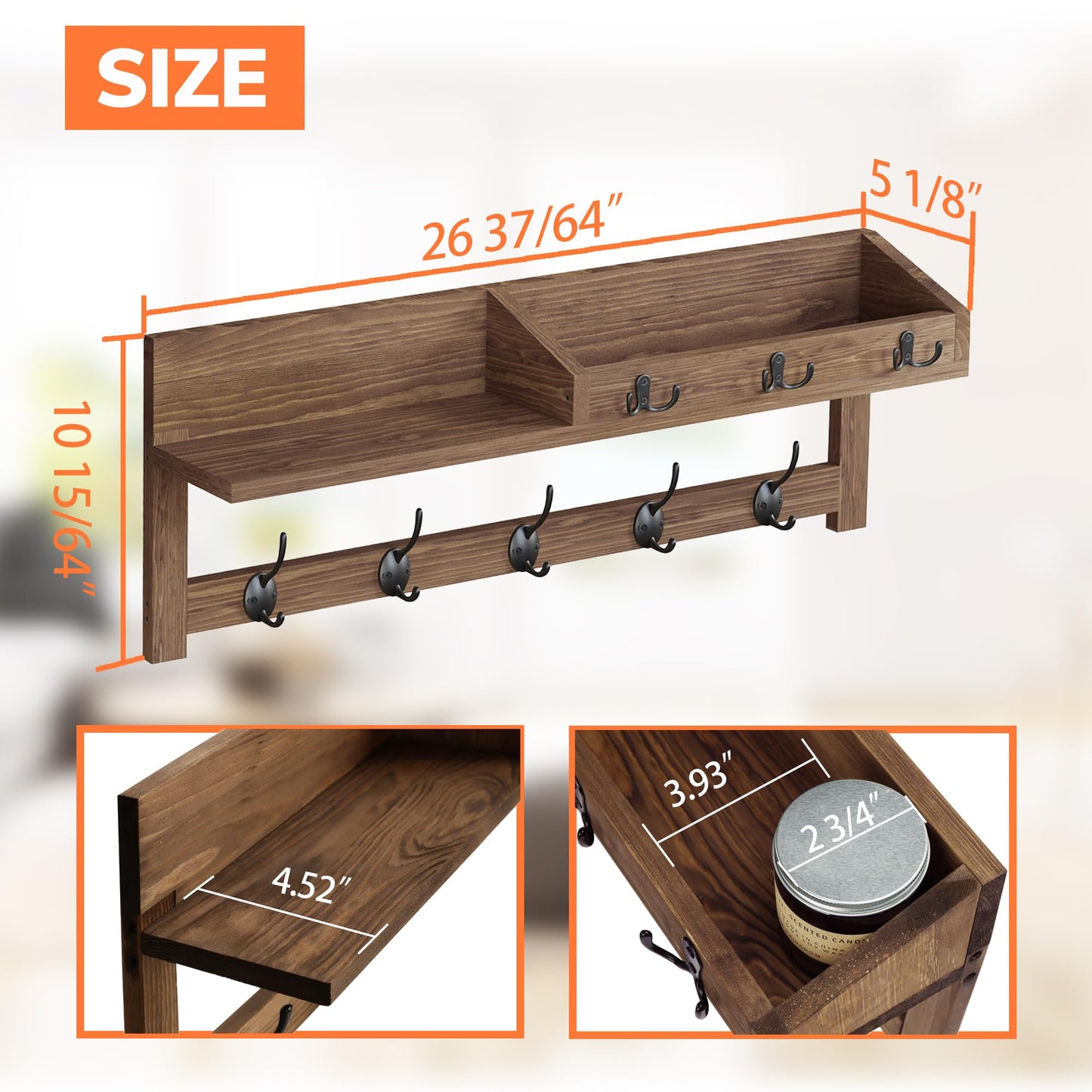AMBIRD Wall Hooks with Shelf, 26.57 Inch Entryway Wood Coat Hooks for Wall with Shelf, Coat Rack Wall Mount with 5 Dual Hooks 3 Key Hooks Mail Organizer and Key Rack Holder (Brown)