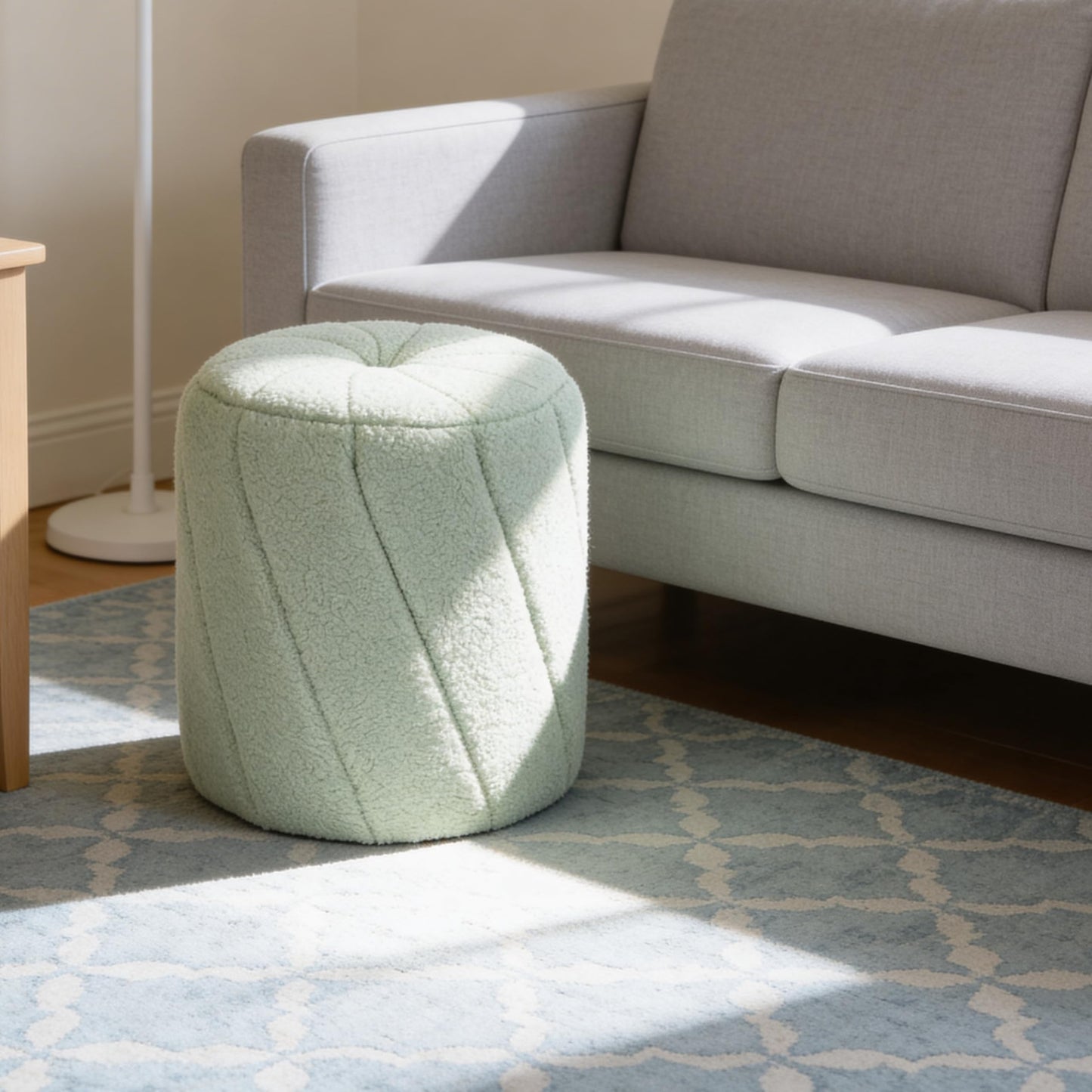 YDcosyfy Modern Round Ottoman, Spiral-Tufted Foot Stool Ottoman, Teddy Fleece Upholstered Vanity Stool for Makeup, Bedroom, Living Room, Light Green