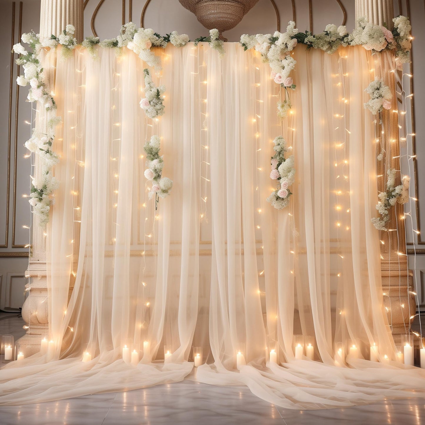 10x10ft Champagne Tulle Backdrop Curtain with Lights String for Parites, Sheer Photo Backdrop Curtains for Wedding Ceremony Bridal Shower Baby Shower Birthday Party Photo Shoot Background Decorations