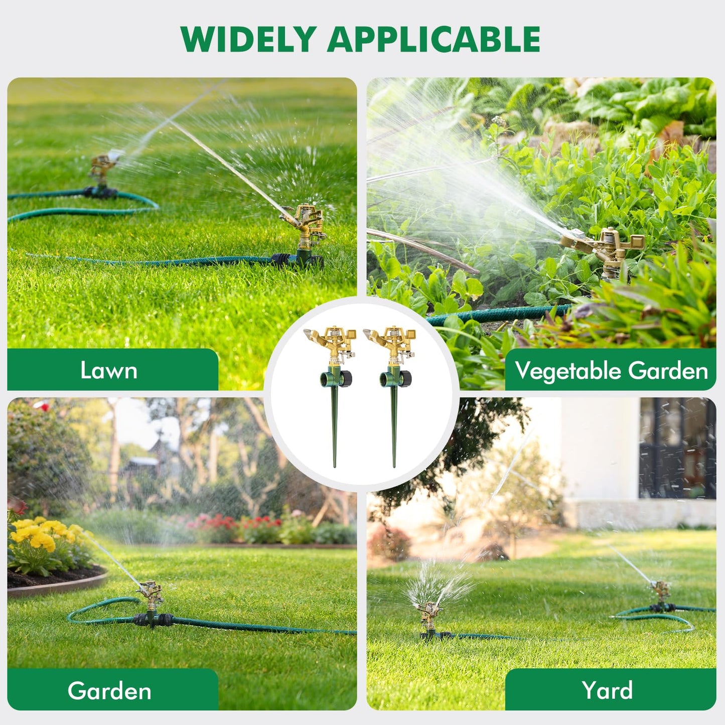 RESTMO 2 Pack Heavy Duty All-Metal Impact Sprinkler, Zinc Alloy Lawn Sprinkler Head on Sturdy Spike Base, 360° Adjustable Coverage Nozzle for Large Area Irrigation