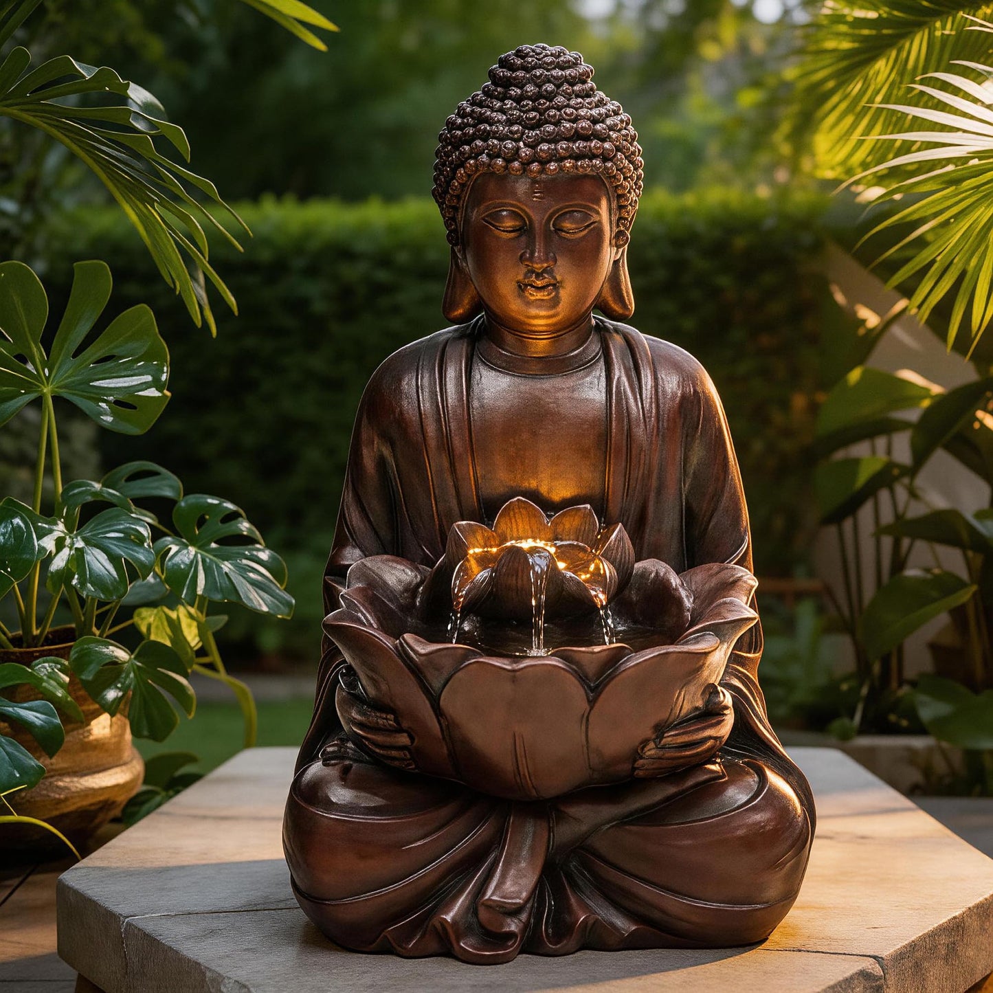 Autodaya 18.9" H Buddha Outdoor Water Fountain, Zen Style Garden Fountain with LED Lights and Pump, Relaxing Waterfall for Patio, Porch, or Yard Decor, Faux Bronze