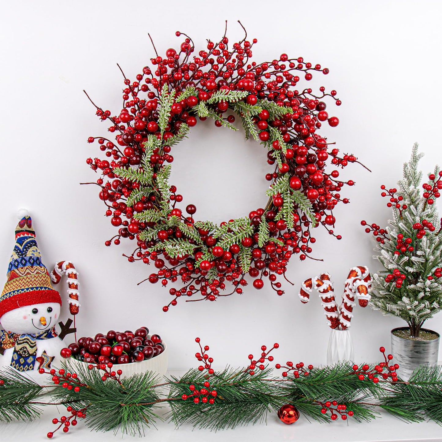 Yawwind 20 Inches Red Christmas Wreaths Farmhouse Christmas Wreaths for Front Door Classic Red Berry Wreath Winter Holiday Wreath with Fir Pine Needle for Doors Window Indoors Porches Outside
