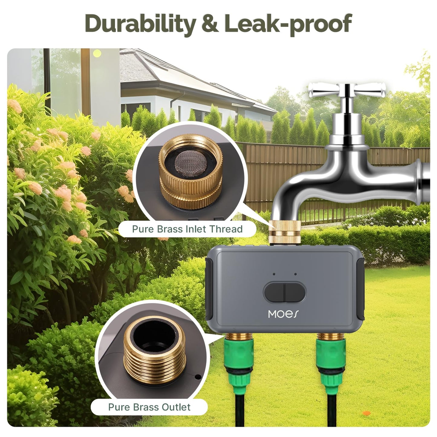 MOES WiFi Sprinkler Timer 2 Zone with Brass Inlet & Outlet, Water Timer for Garden Hose Faucet, Programmable Watering Irrigation 2 Outlet, Smart Watering System for Lawns and Yard Work with hub