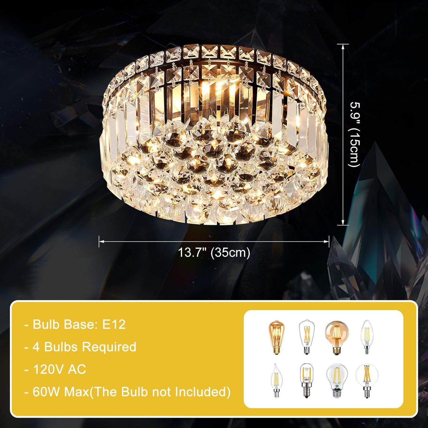 CEENLI 4-Light Black Crystal Chandeliers Flush Mount Chandelier Light Fixture with K9 Crystals Modern Ceiling Lights Elegant Round Lamp for Bedroom,Hallway,Bar,Living Room,Dining Room,H5.9 xW13.7