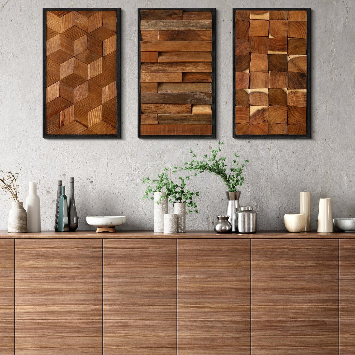 Glenmal 3 Pcs Wood Wall Art Decor 14 x 7 Inch Textured Wooden Wall Art Aesthetic Rustic Cubic Hanging Decor Framed Decorative Farmhouse Bedroom Boho Modern Home Decorations for Living Room