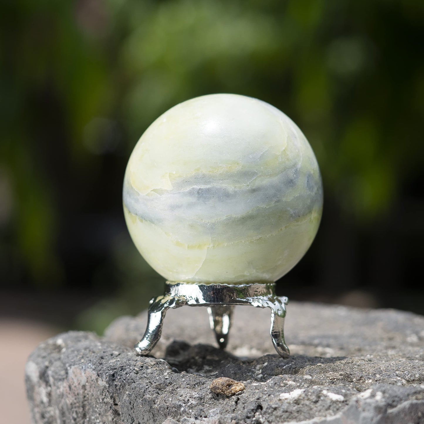 Crocon Serpentine Stone Sphere Ball with Metal Stand - 1400+ Carats Healing Sphere Sculpture for Fengshui, Home Decoration, Photography