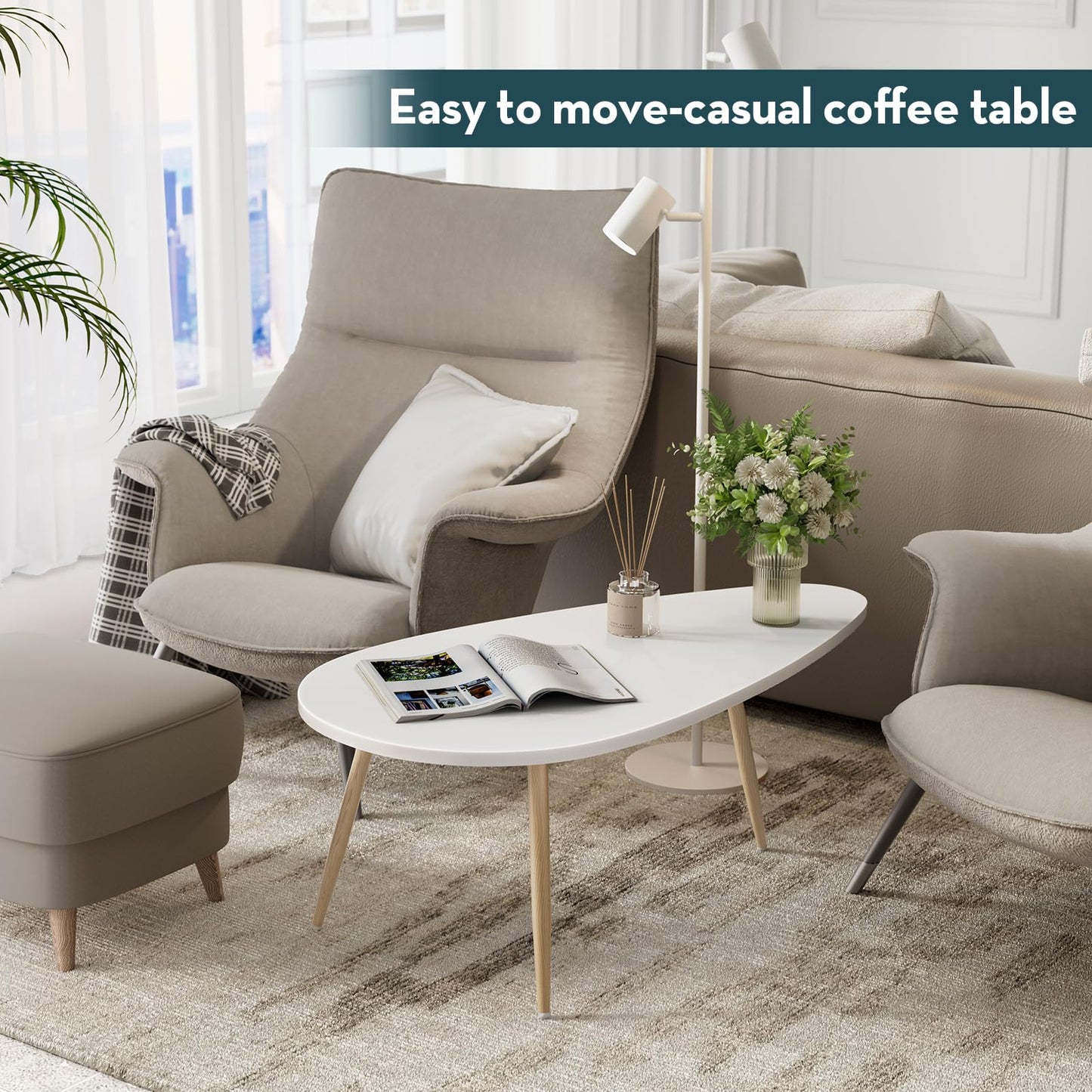 SAYGOER Modern Coffee Table White Oval Coffee Tables for Living Room Simple Center Table for Small Space Home Office Easy Assembly 22.2" D x 42.5" W x 17.1" H, White