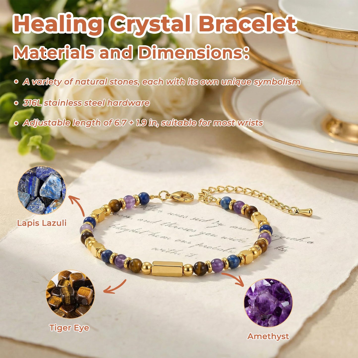 QINJIEJIE Anxiety Bracelet for Women Menopause Healing Crystals Mental Health Bracelets Amethyst Lapis Lazuli Tigers Eye Crystal Anti Anxiety Panic Attack Relief Jewelry Crystal Bracelet