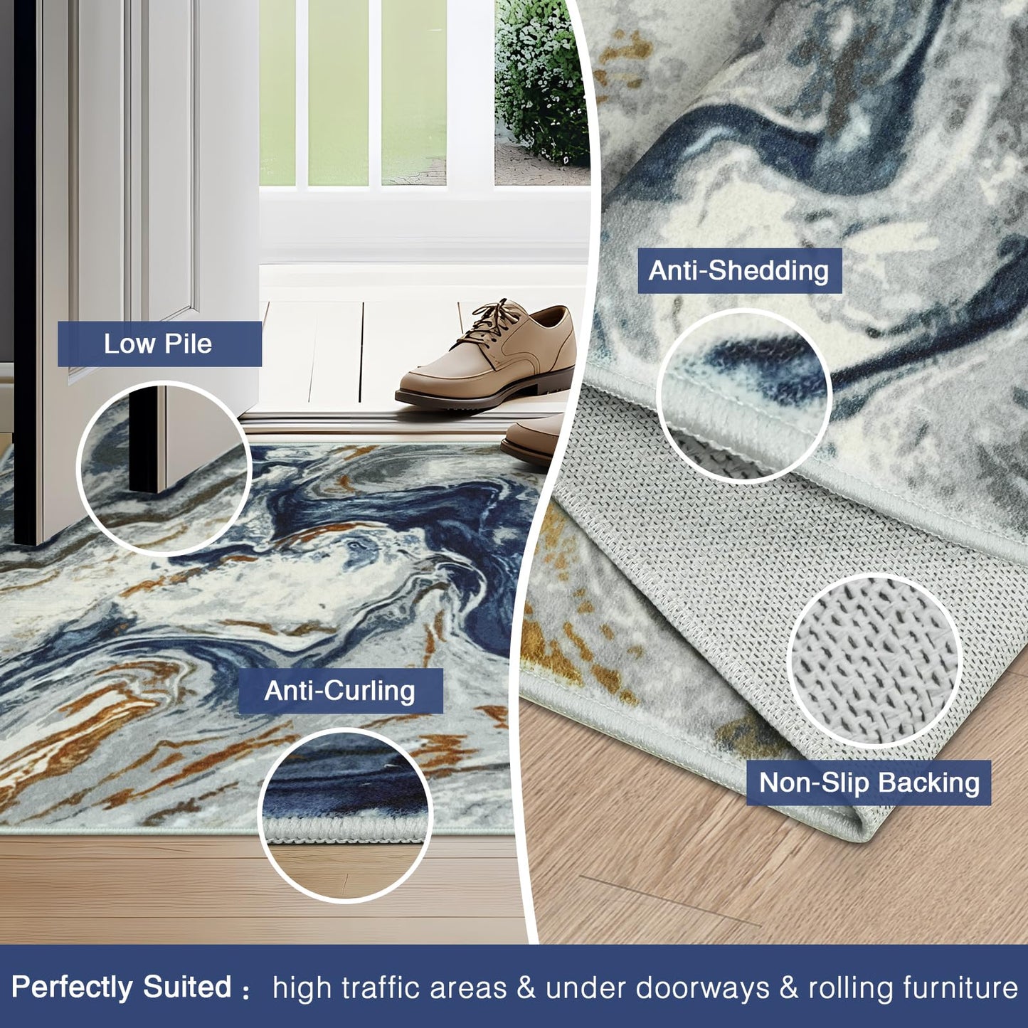 2x8 Kitchen Runner Rugs Washable Blue Soft Hallway Runner Non Slip Marble Entryway Rug Abstract Laundry Mat Stain Resistant Carpet for Entryway Bedroom Bathroom Beside Rug