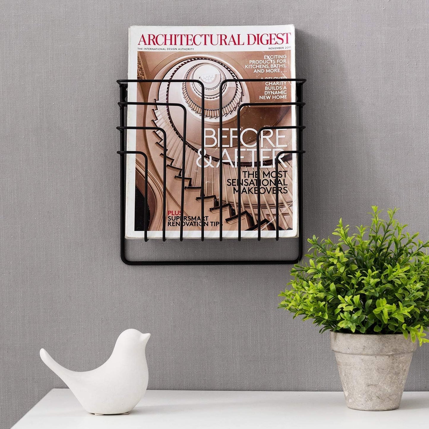 MyGift Modern Design Black Metal Wire Wall Mounted Magazine and File Folder Holder Organizer Rack