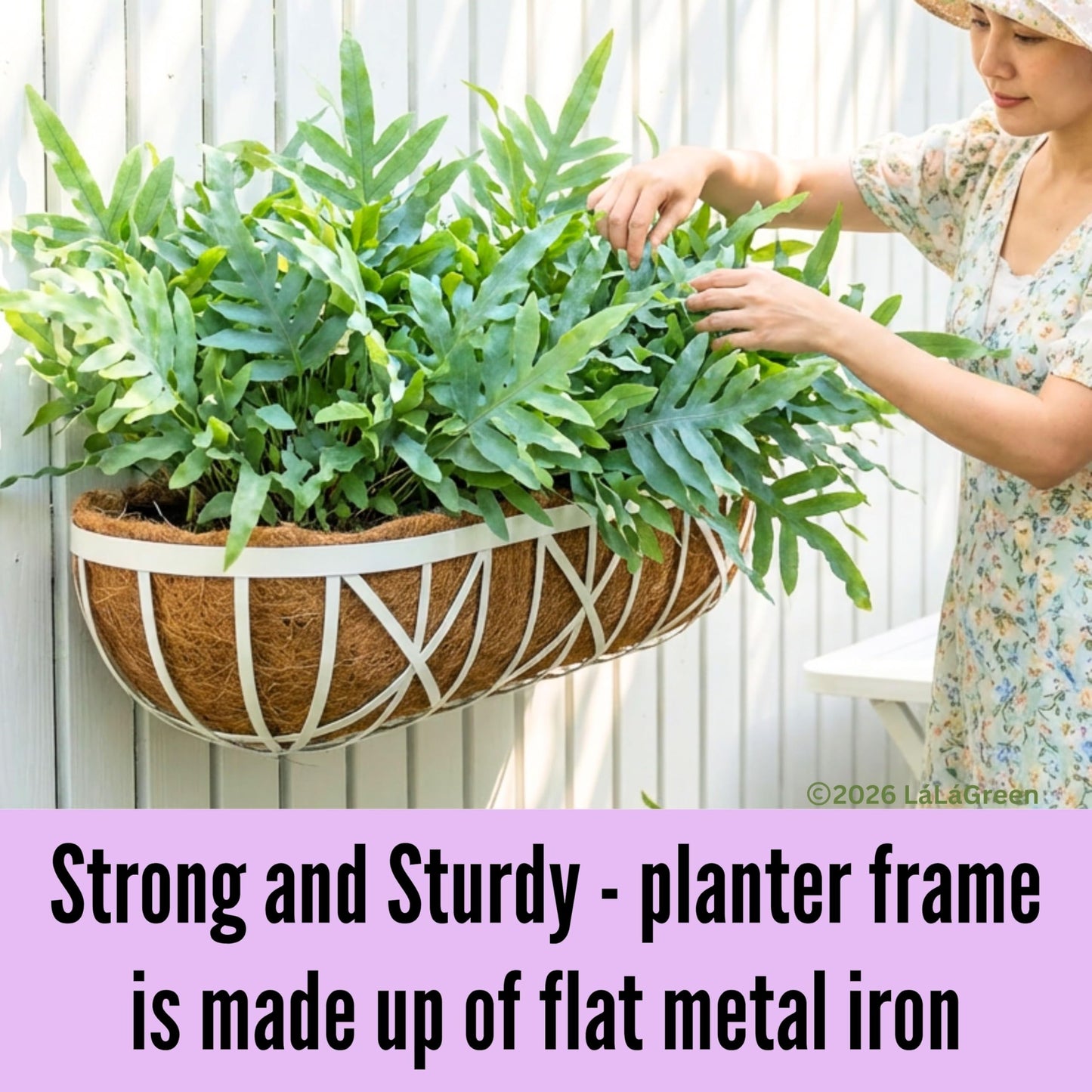 LaLaGreen 30 Inch, 2 Pack White Metal Window Planters-Wall Mount Flower Pots for Outdoor with Coco Coir Liner, Attach to House Flower Boxes Hanging Walls Plant Holders for Fence Balcony Porch, Patio