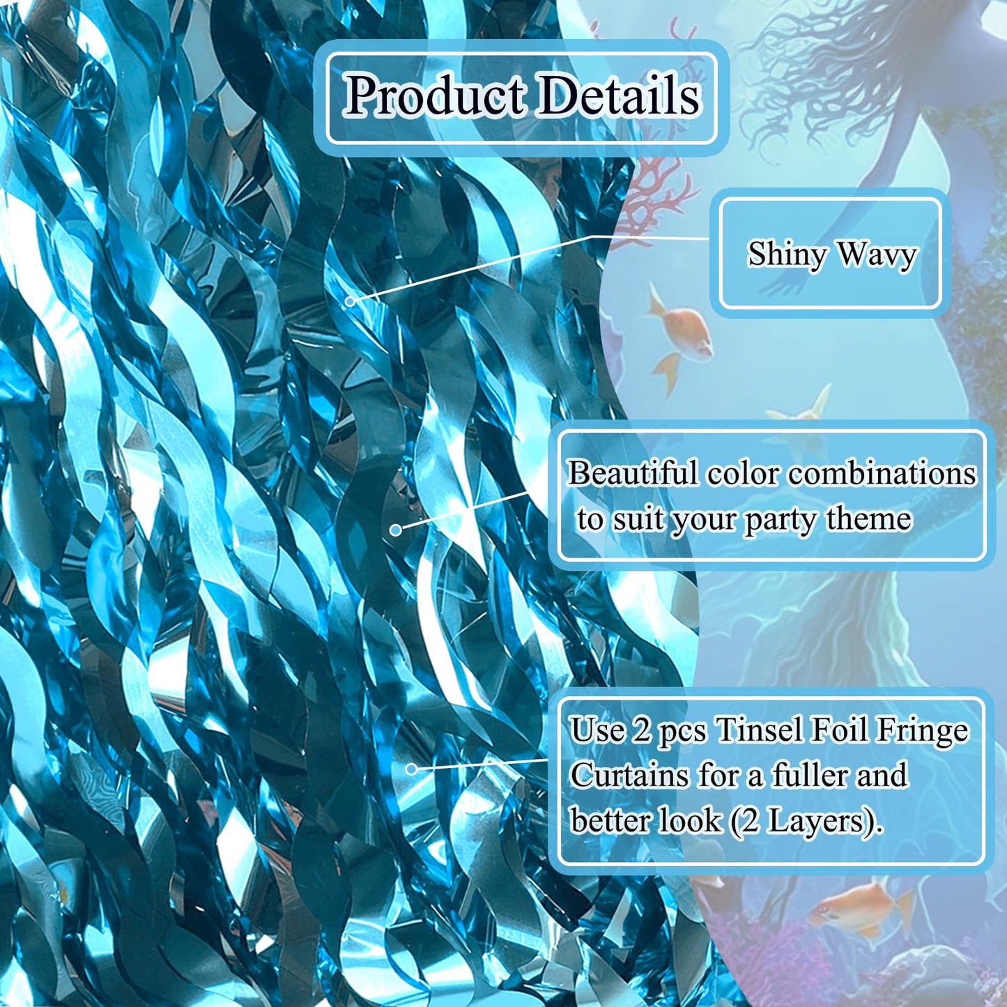 Wavy Tinsel Foil Fringe Curtains Teal Blue Streamers Backdrop for Ocean Themed Party Blue Birthday Under The Sea Party Decorations(2 Pack,3.2 ft x 6.6 ft)