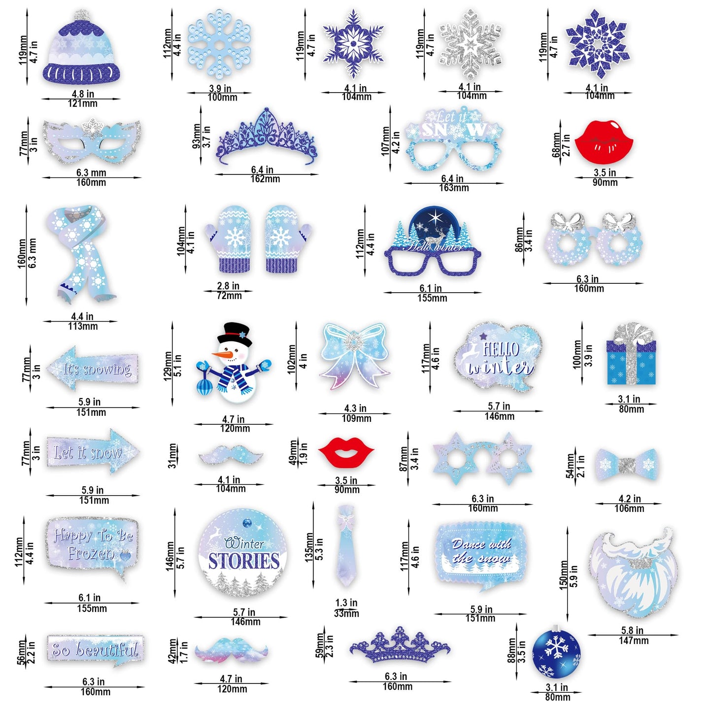 Winter Photo Booth Props - Set of 33 Winter Wonderland Party Decorations Christmas Photo Booth Props for Froze Party Holiday Party Supplies