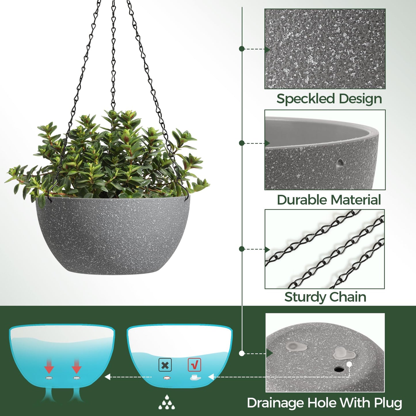 T4U Hanging Planters for Indoor Outdoor Plants 2 Pack - 12 Inch Grey Hanging Plant Basket with Drainage Hole, Round Hanging Flower Plant Pot for Garden Home Decor(Grey)