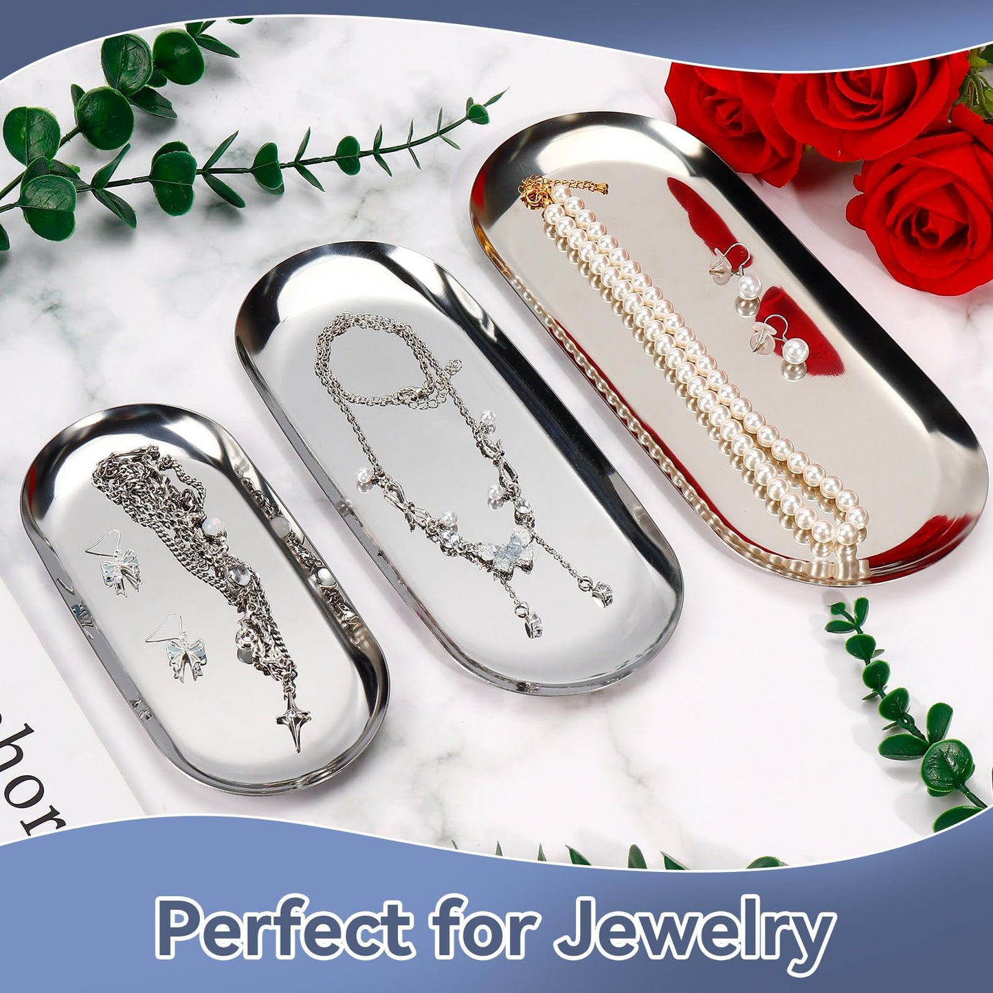 2PACK Silver Decorative Tray,Oval Stainless Steel Trays, Decorative Tray for Jewelry Dish Cosmetics Organizer Bathroom Clutter Serving Platter (Silver, 10 in)