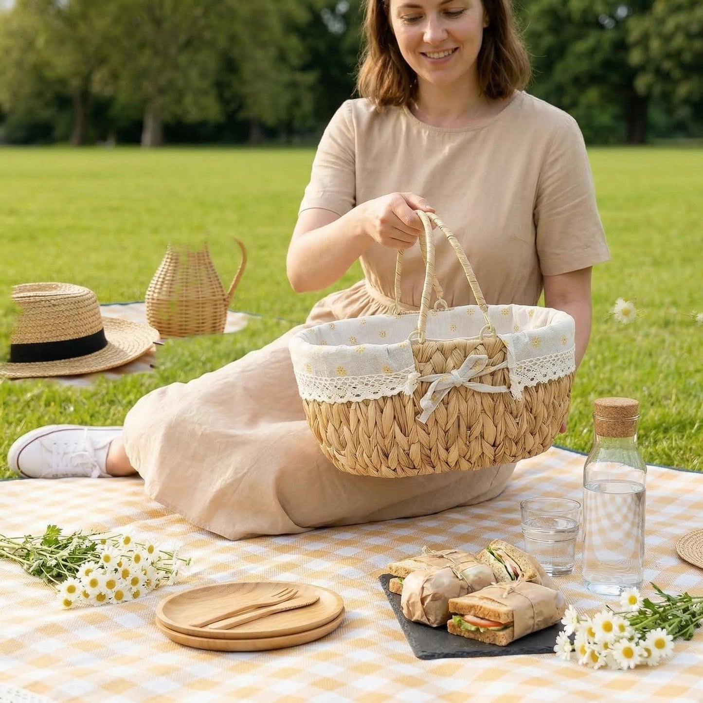 Oval Wicker Picnic Basket with Folding Handles and Lining for 2, Handwoven Water Hyacinth Hamper,Willow Hand Woven Shopping Basket, Bath Storage Camping Outdoor Beach Gift