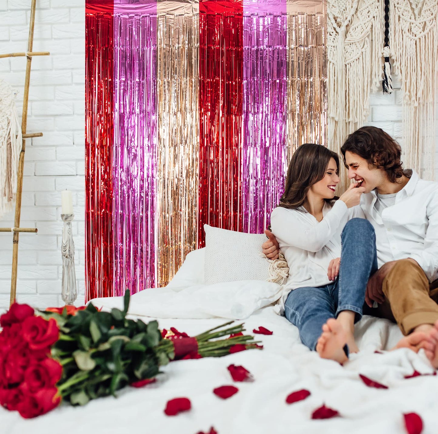 LOLStar 3 Pack Valentines Day Party Decorations 3.3X6.6 ft Photo Booth Props Red Pink Champagne Gold Valentine's Day Decors Foil Fringe Curtains Backdrop Streamers for Wedding Birthday Engagement
