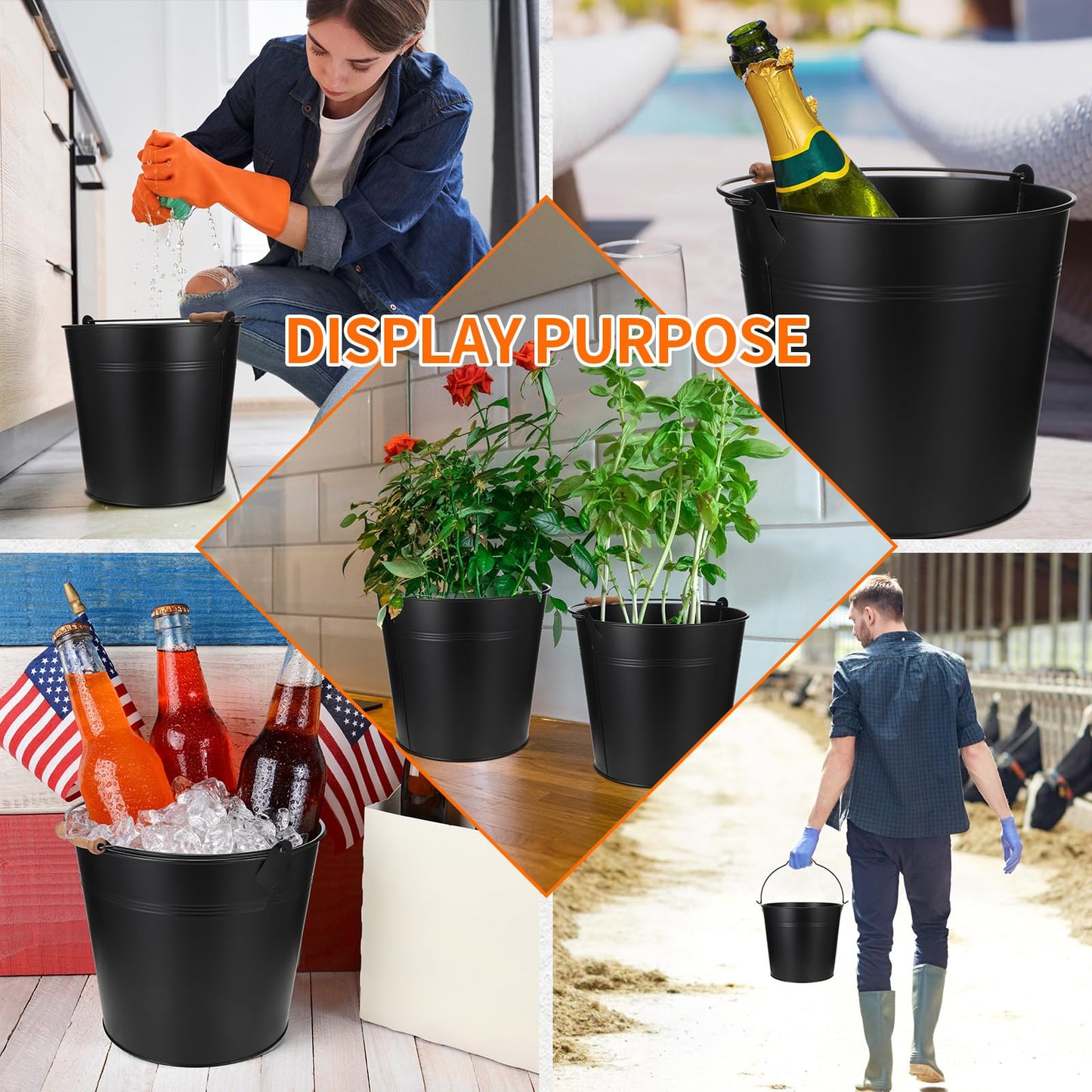 Didaey 12 Pcs Large Galvanized Metal Buckets with Handle 10 Inch Heavy Duty Stainless Steel Pails Round Pail for Party Wedding, Crafts, Utensils, Table Centerpieces (Black)