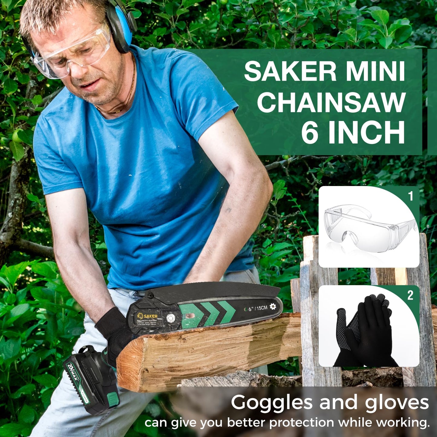 Saker Mini Chainsaw,6 Inch Portable Electric Chainsaw Cordless, Small Handheld Chain saw for Tree Branches,Courtyard, Household and Garden,Gift for Men Dad(SK1806D-G)