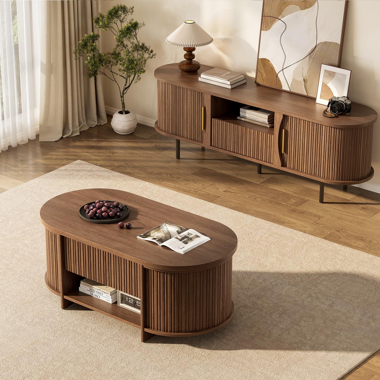 Sikaic Fluted Lift Top Coffee Table with Storage, Mid Century Modern Oval Coffee Tables with Open Shelf and Hidden Storage Compartment, Center Table for Living Room, Office, Small Space, Walnut Brown