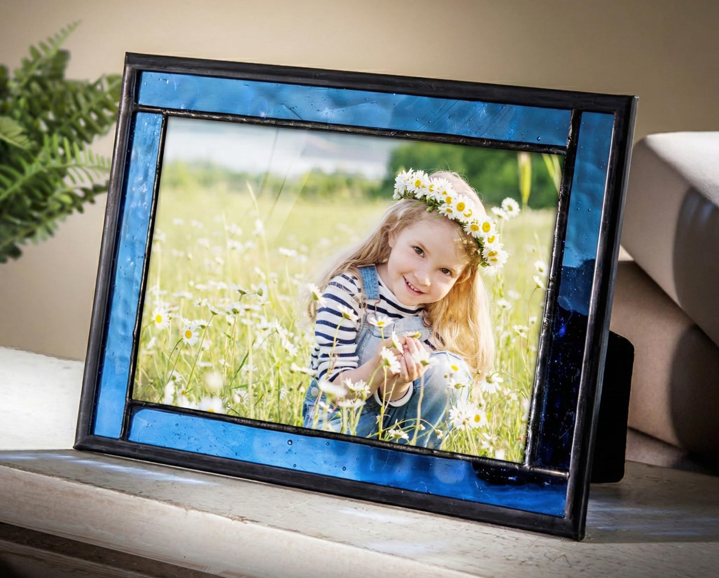 Blue Picture Frame Stained Glass Easel Back 4x6 Photo Display Horizontal Vertical Home Decor Graduation Gift for Women or Men Family Vacation Pic 324-46HV