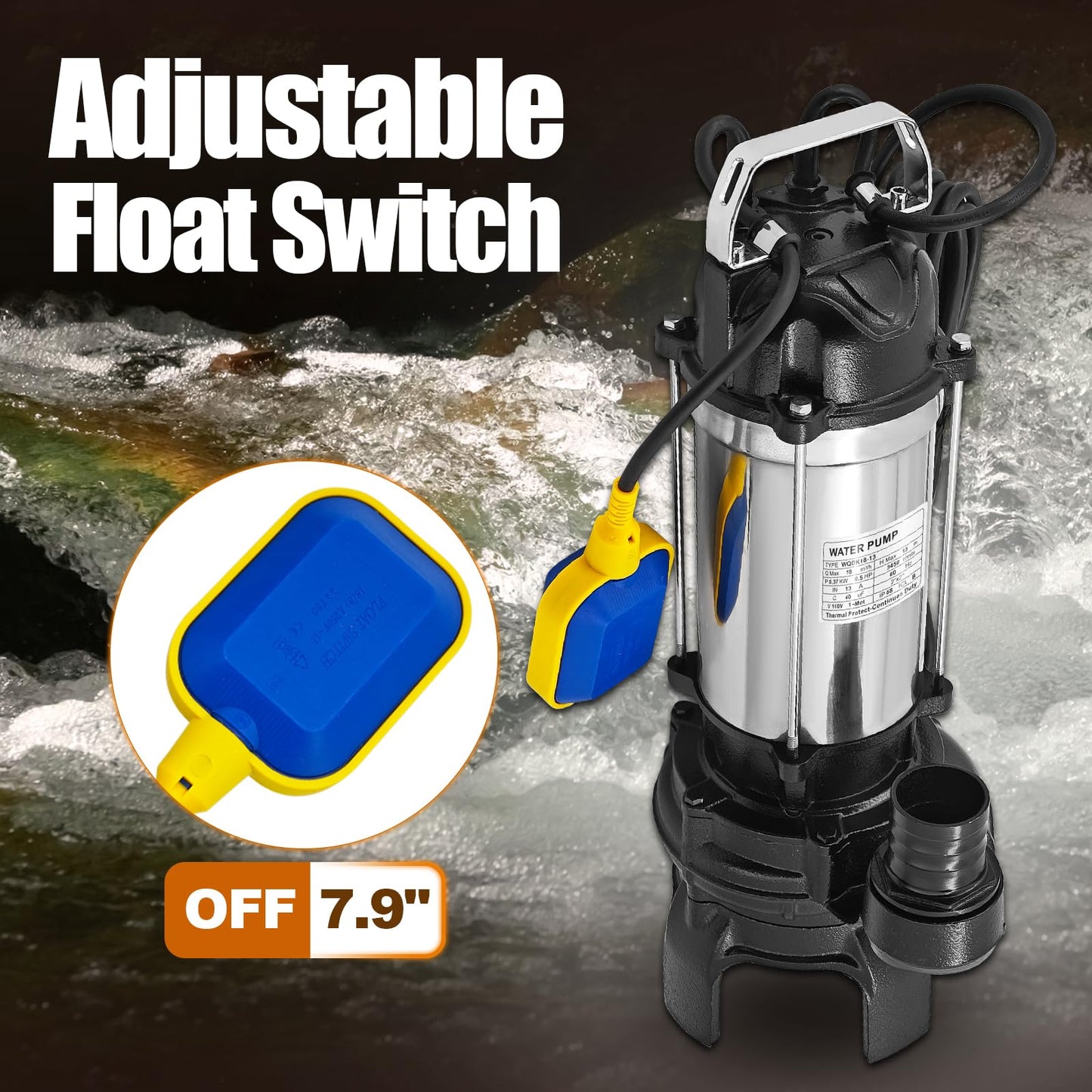 4PN 1/2 HP Submersible Sump Pump With Float Switch Replacement for Tsurumi Pump 4-PN 50PN2.4S Pond Waterfall Pump, Cast Iron and Stainless Steel, 4755 GPH, 2" Discharge, H Max 44ft