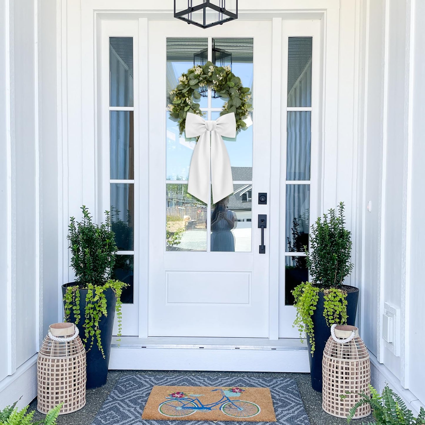 2 Pcs White Wreath Sash for Front Door Linen Wreath Ribbon Bow for Yard Porch Garland Home Decor