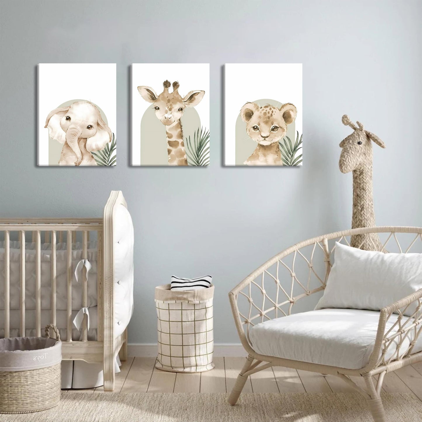 Nursery Wall Decor Set of 3, Cute Animal Lion Elephant Baby Pictures Poster Prints, Giraffe Jungle Canvas Wall Art Woodland Nursery Decor for Boys Girls Room Decoration 12x16 inch Framed