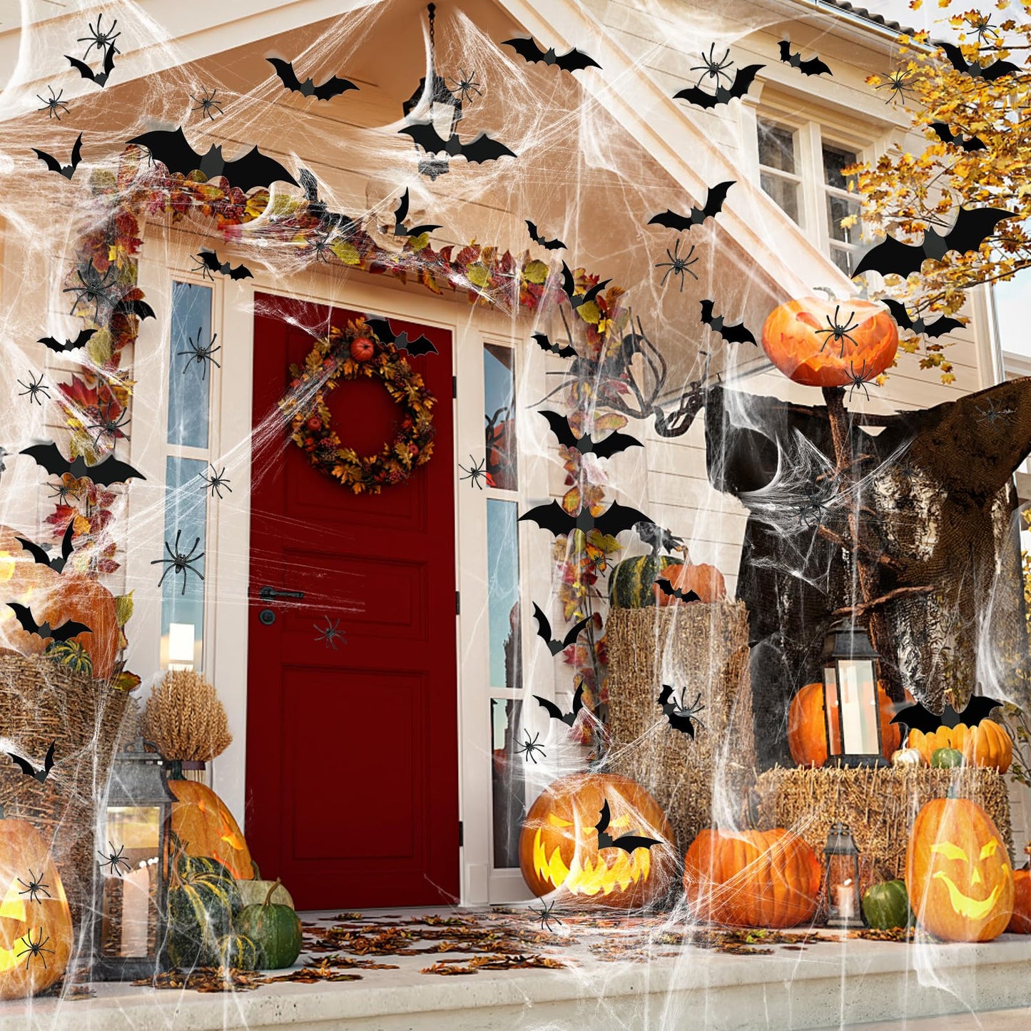 Famoby 1200 sqft Halloween Spider Webs and 120pcs Fake Bats and 50pcs Fake Spiders Super Stretch Cobwebs Party Decorate for Halloween Theme Indoor and Outdoor Decoration