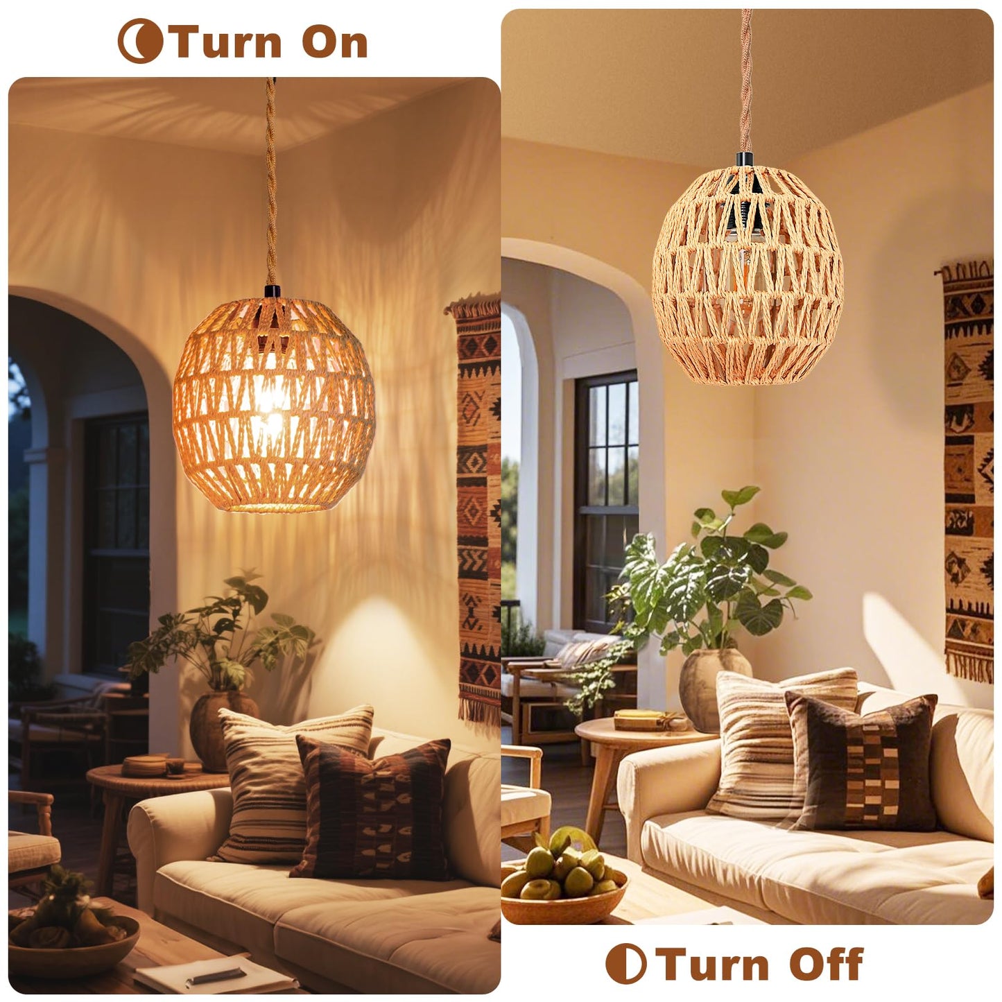 Maliralt Hanging Lamps Rattan Pendant Light Hanging Lights 16.4ft Plug in Cord Pendant Light Fixture Plug Into Wall Outlet Pendant Lighting with On Off Switch for Bedroom Living (Egg Shade)