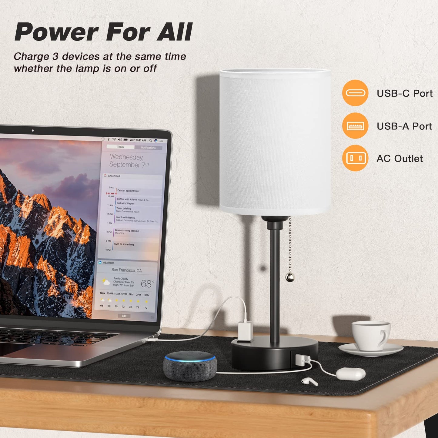 Small Bedside Table lamp for Bedroom - 3 Color Temperatures Bedside Lamps with USB C and A Ports, Pull Chain Table Lamps with AC Outlet, White Nightstand Lamps with Black Metal Base for Kids Reading