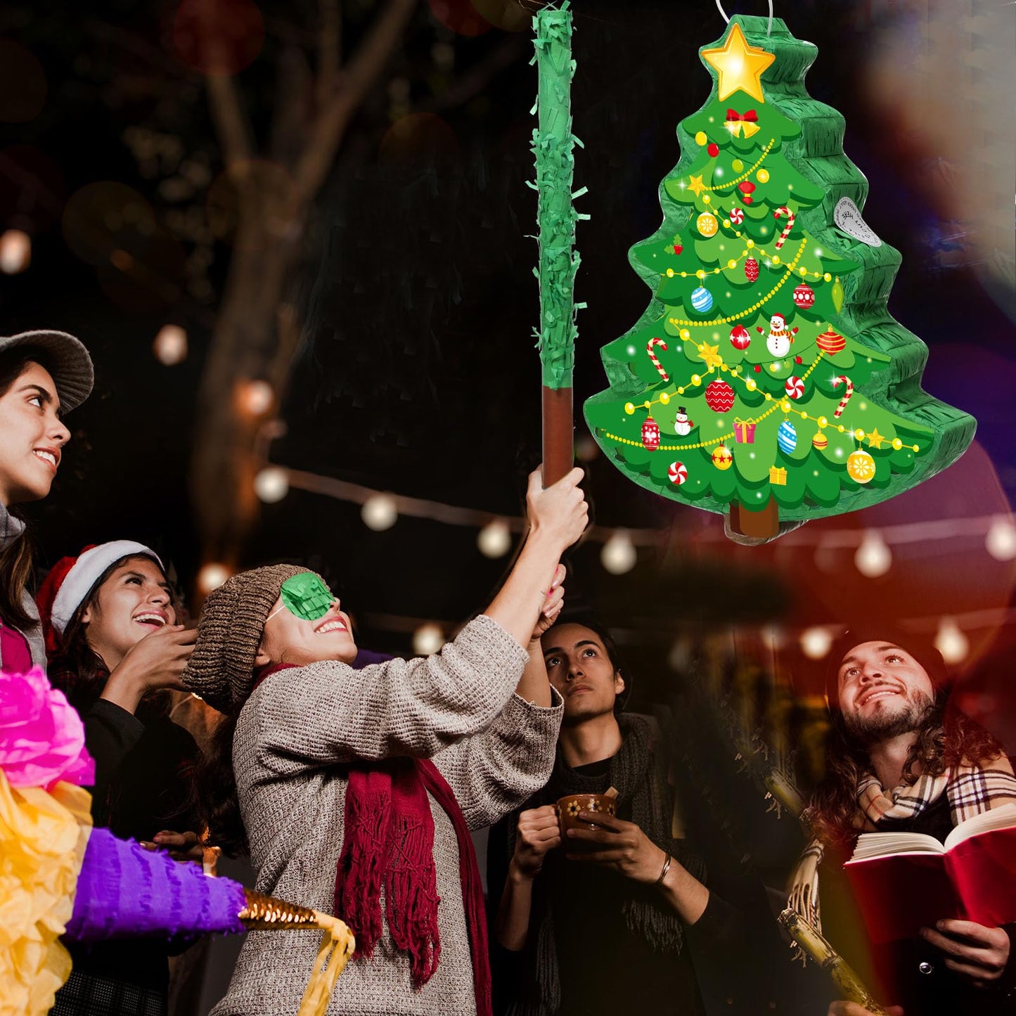 Christmas Tree Piñata 16 Inch Christmas Mexican Piñata with Stick Blindfold Xmas Piñatas Bundle for Xmas Birthday Holiday Game Favors Photo Prop Decoration