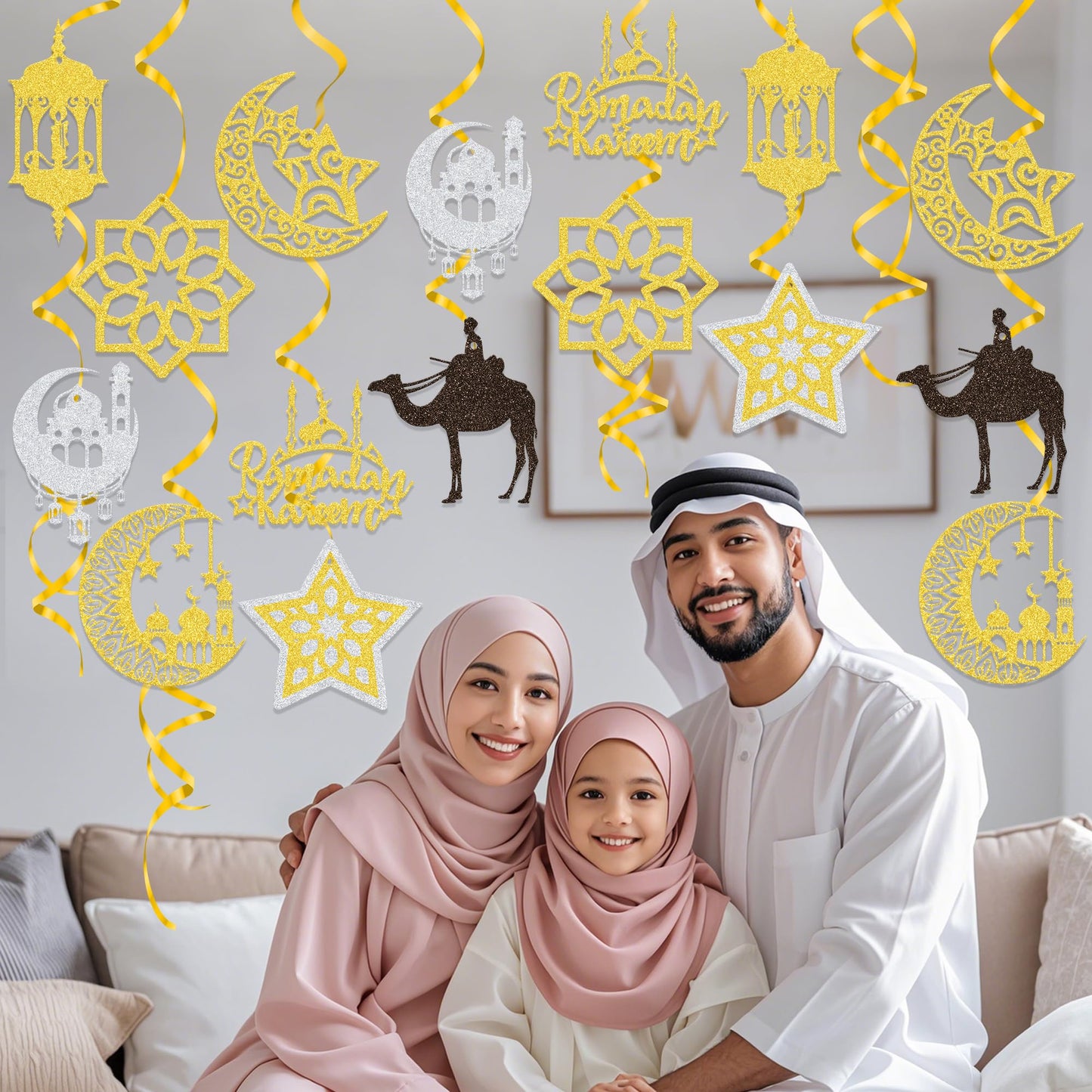 38PCS Ramadan Mubarak Decorations Umrah Mubarak Hang Swirl Star Moon Lantern Decor Sign for Eid Festival Muslim Islam Party Decoration Supplies