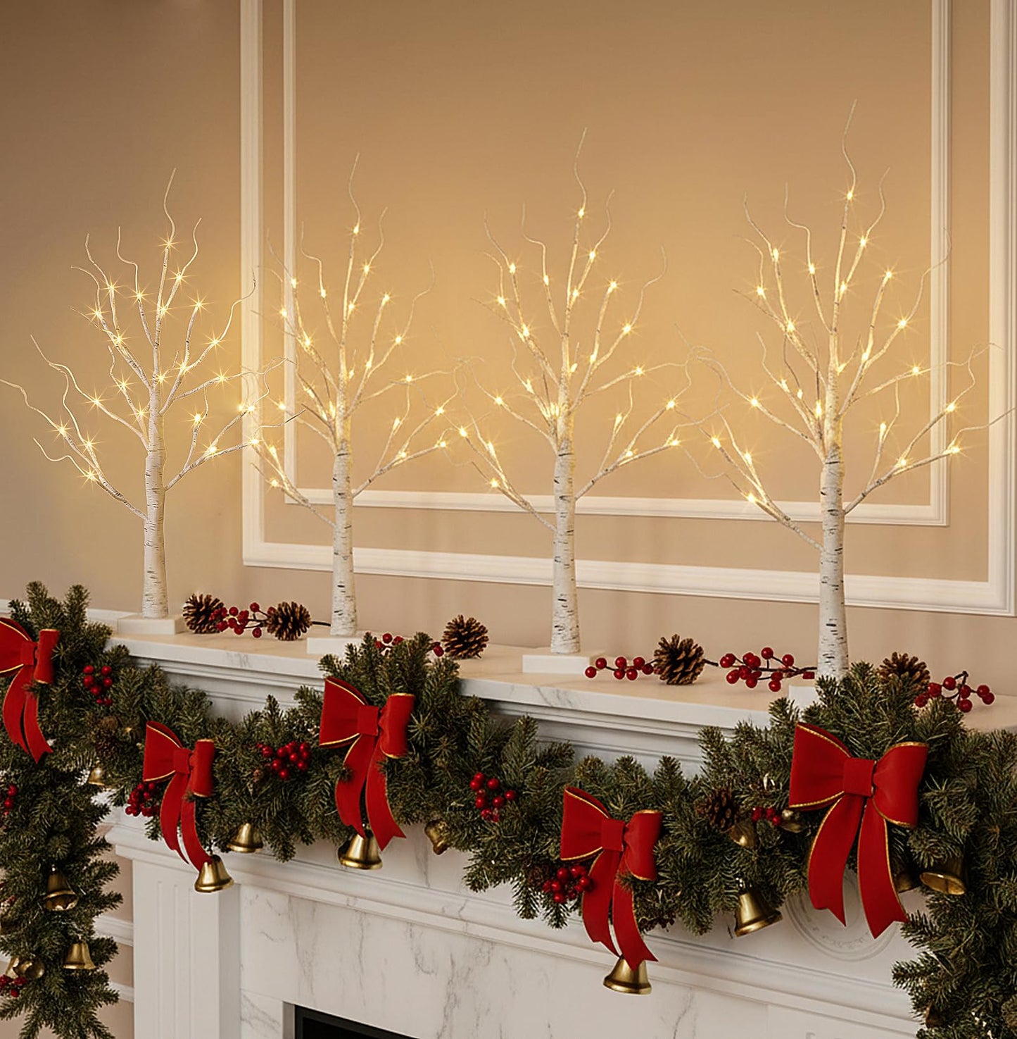 EAMBRITE Home Decorations Light Up White Birch Tree Indoor Christmas Decor, 4 Pack Battery Operated/USB Lighted Tabletop Money Tree Lamp Led Lights Xmas Wedding Centerpiece Table Room (2 Ft)