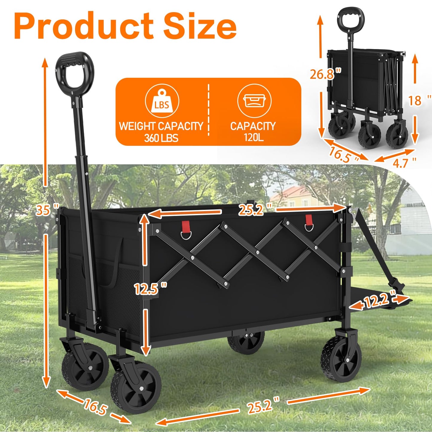 360LBS Collapsible Wagons Carts Foldable, 120L Heavy Duty Folding Beach Wagon Cart with Wheels and Tailgate, Portable Utility Outdoor Wagon for Grocery, Shopping, Garden, Sports, Camping