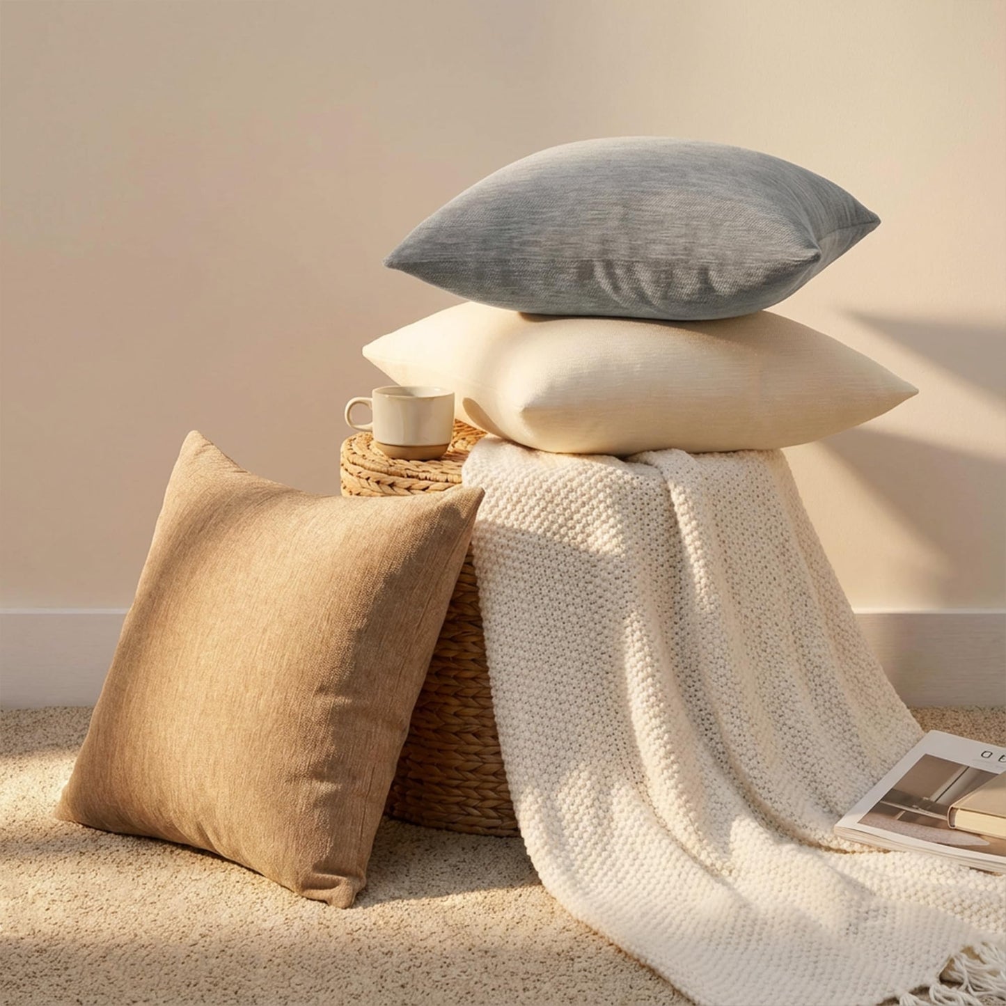 Set of 4 Neutral Throw Pillow Covers 18x18 Inch, Neutral Boho Farmhouse Aesthetic Decorative Pillow Cases for Couch, Sofa, Living Room & Bed, Soft Chenille Pillow Cases, Stylish Home Decor, 45x45 cm