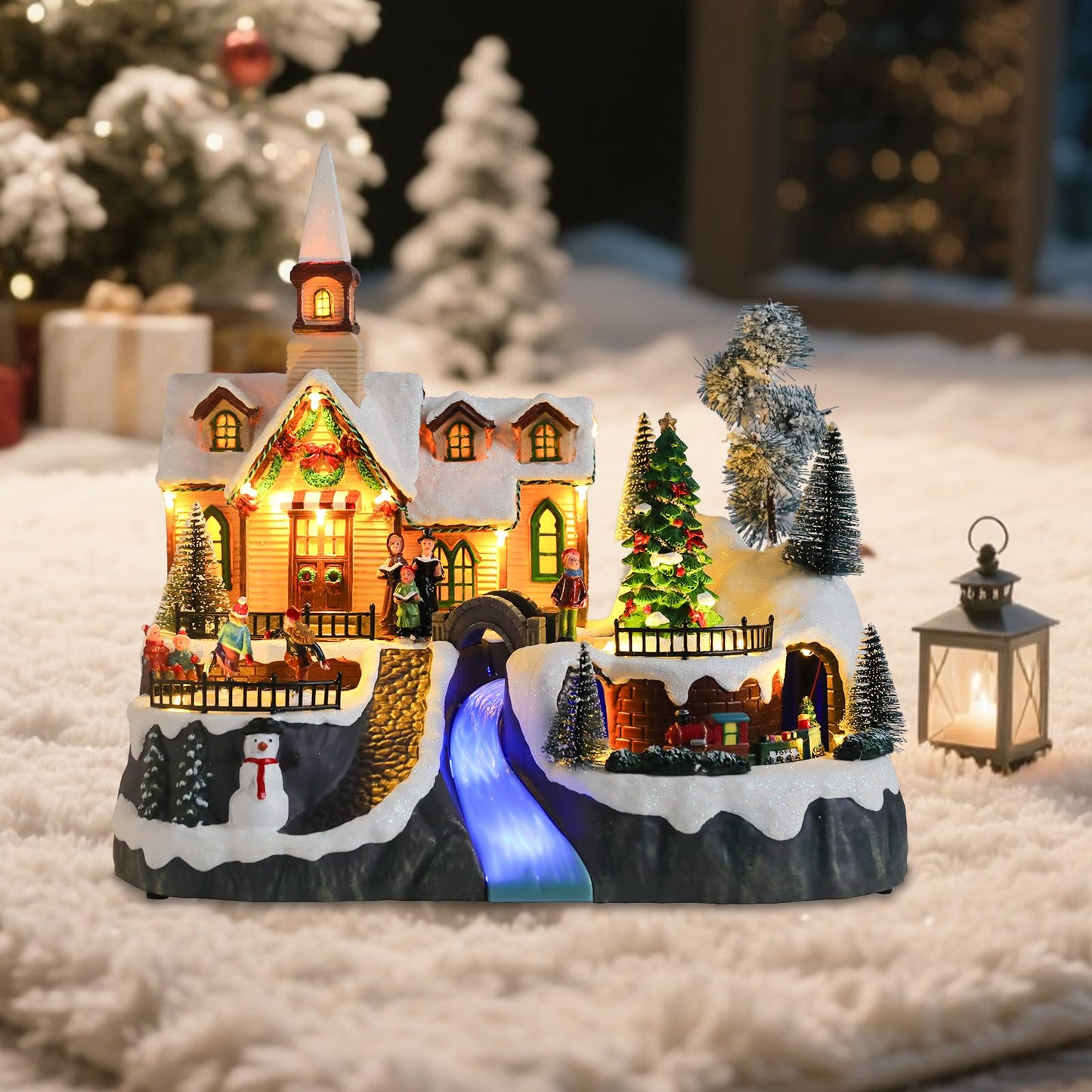 WONDER GARDEN Christmas Village Houses Church House Villages with Rotating Tree,Moving Train and Dancing Kids Musical Lighted Christmas Collectible Buildings for Indoor Decor or Gift