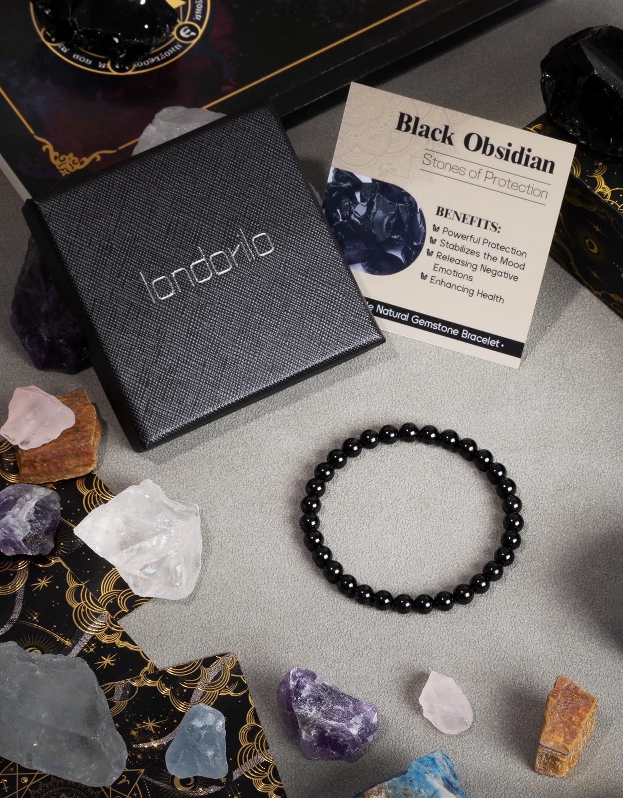 Landorilo Beaded Bracelet for Men Women, 6mm Natural Stone Black Obsidian Healing Crystal Stretch Bracelets, Ideal Christmas Birthday Jewelry Gifts with Energy Card，Replacement Beads Included