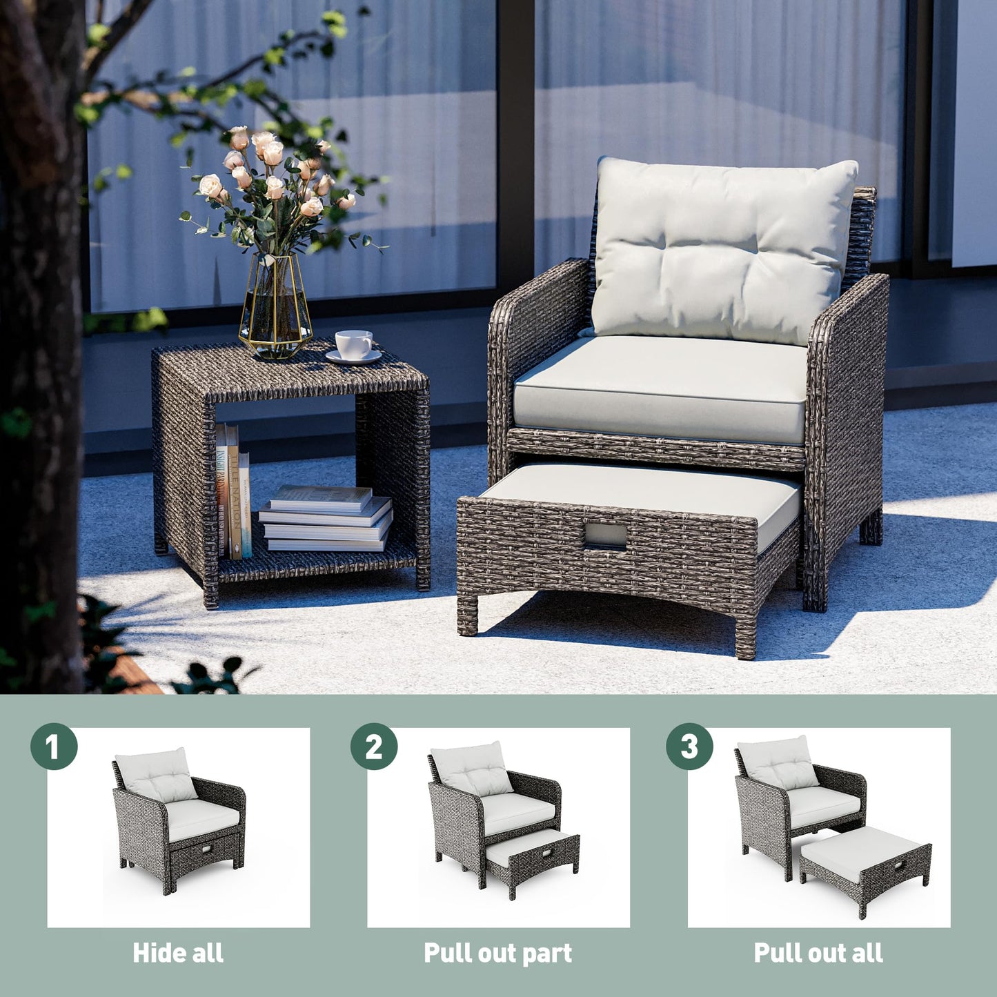Pamapic Outdoor Furniture 5 Piece Patio Conversation Set, Wicker Rattan Patio Set with Soft Cushions & Coffee Table, Balcony Furniturefor with 2 Ottoman for Porch, Garden, Lawn (Grey)