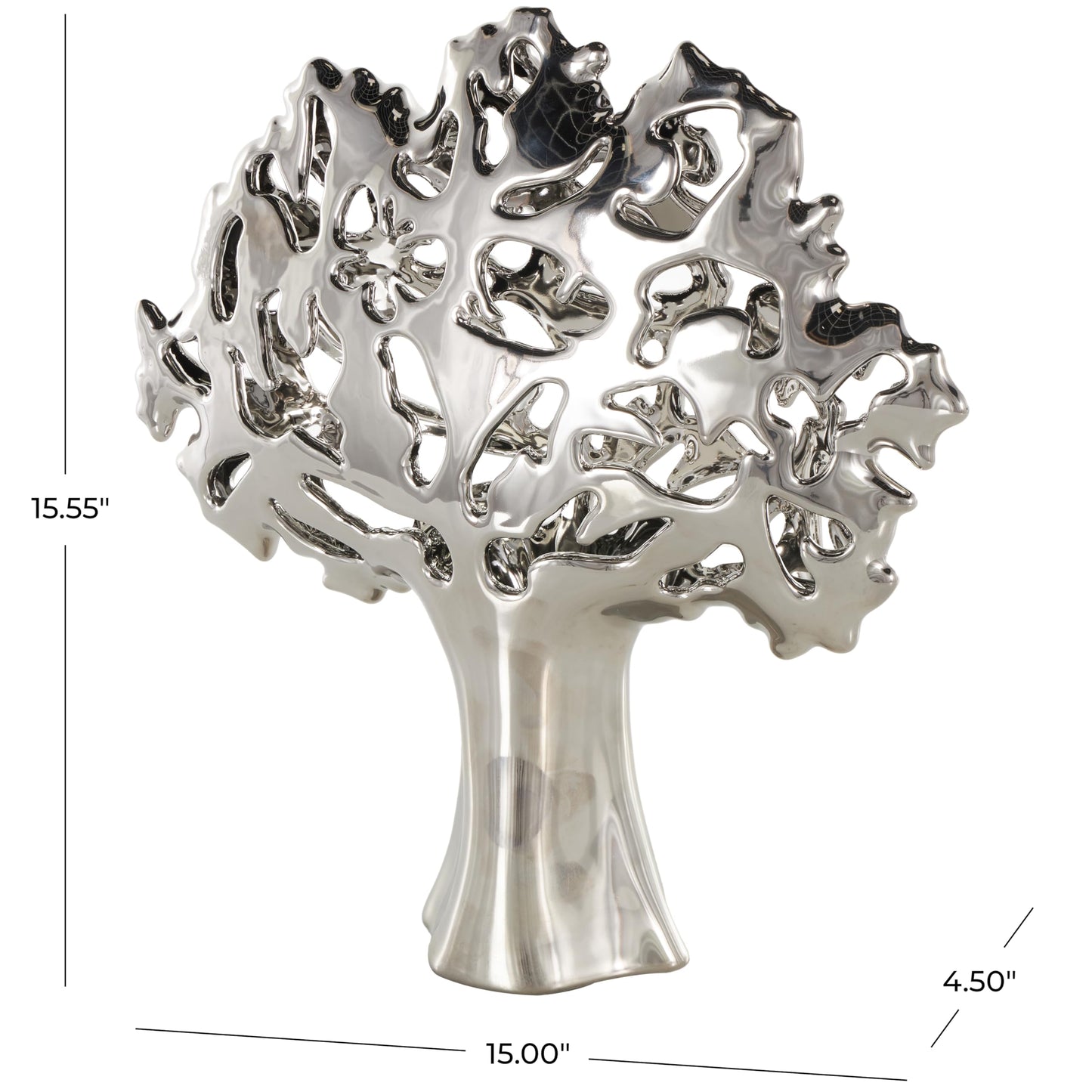 Deco 79 Ceramic Tree Decorative Sculpture Glossy Home Decor Statue with Abstract Cutouts, Accent Figurine 15" x 5" x 16", Silver