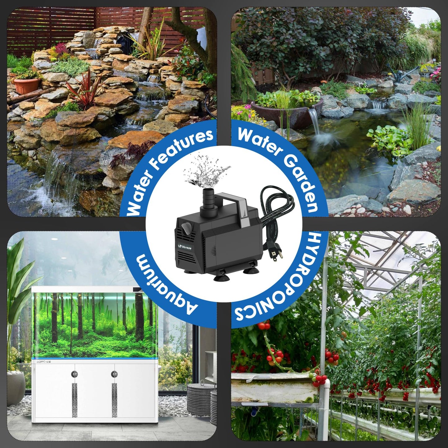 VCRAZE Submersible Water Pump 600GPH/35W Fountain Pumps with Flow Control, Pond Pump Submersible Outdoor with 10ft 3-Core Power cable for Hydroponics, Aquarium, Waterfall, Statuary, Water feature
