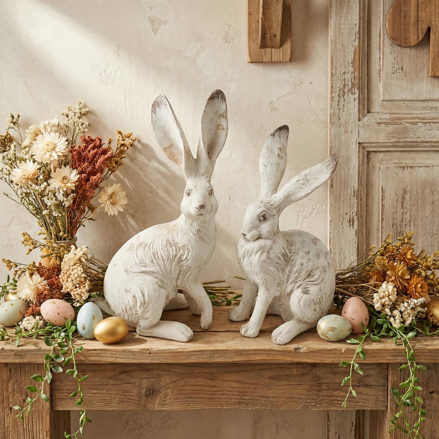 YimiBloss Easter Bunny Decorations Set of 2, 10 Inch Large Distressed Resin Rabbit Figurines, Spring Home Decor for Outdoor, Yard, Garden, Table，Farmhouse & Rustic Bunny Statues Decor Gifts (Large)