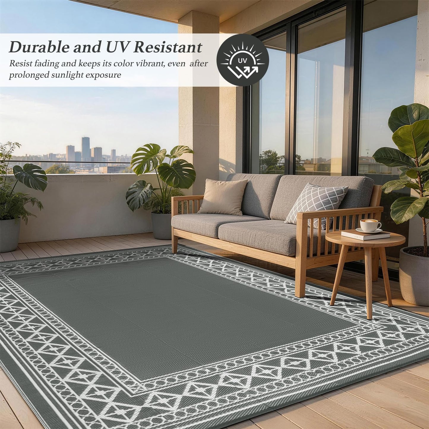 LBRO2M Waterproof Outdoor Rugs 8X10 for Patio Outdoor Plastitc Straw Rug Reversible Outdoor Border Rugs RV Rug for Deck, Pinic, Beach (8X10, Gray)