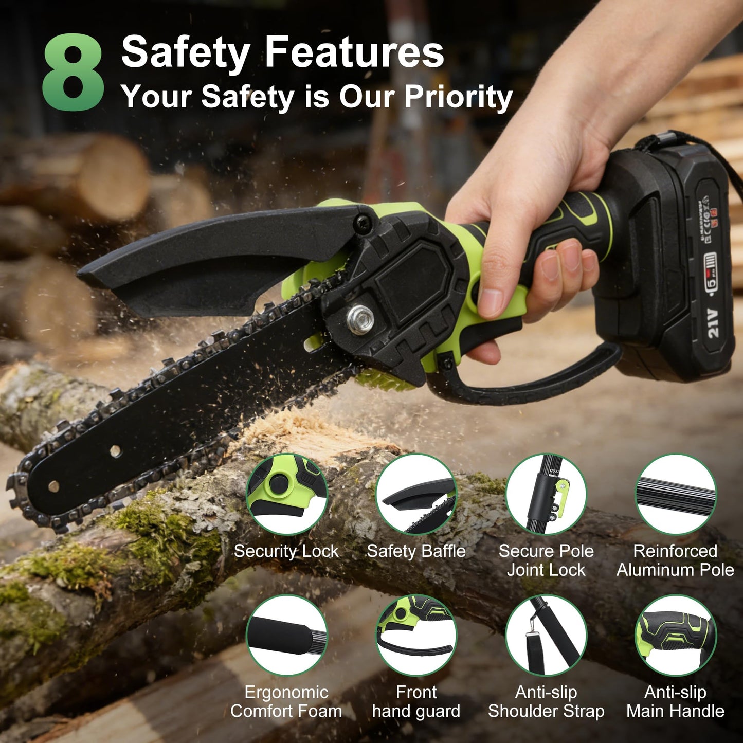 Electric Pole Saw, 6 Inch Battery Powered Tree Trimmer and Handheld Mini Chainsaw with Adjustable Extension Pole for Branch Limb Cutting,Pruning,Yard,Garden, Brushless Pole Saw