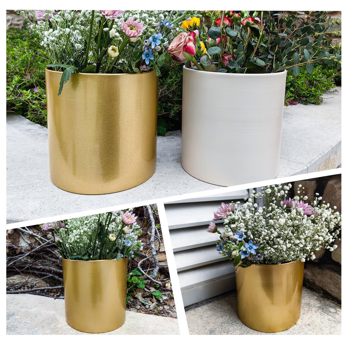 Rioneta Metal Plant Pot with Drainage Hole,Mid Century Modern 7 inch Round Pot Indoor Outdoor Planters Gift for Decorative Pots of Tabletop Living Room Bedroom Gold